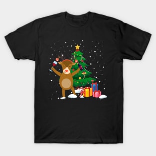 Funny Reindeer Drinking Wine Christmas Tree T-Shirt